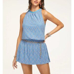 NWT Ramy Brook Blue‎ Chevron Smocked Mini Dress Halterneck Size L